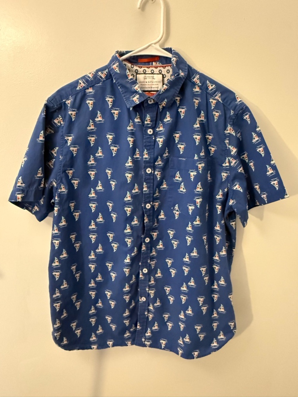 Denim & Flower XL Slim Fit Sailboat Print Button Up Shirt Blue